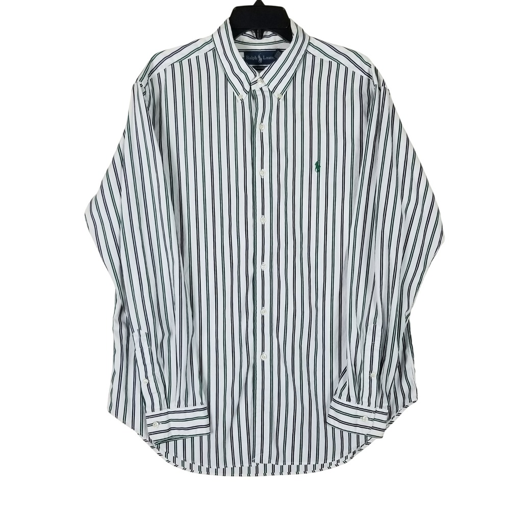 Ralph Lauren Button Down Shirt Mens XL White Green Navy Striped Classic Fit